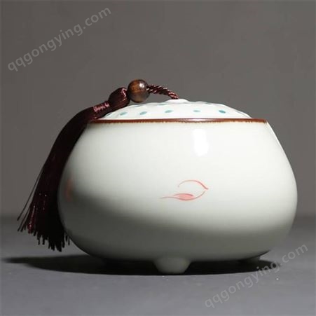 中式复古手绘荷花水墨风茶叶罐 陶瓷中小号流苏密封茶仓存茶罐