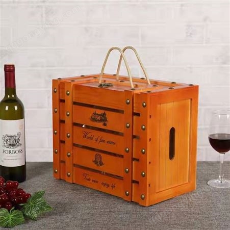 CY-006六支装红酒包装木盒 手提6瓶装葡萄酒木质印花礼盒