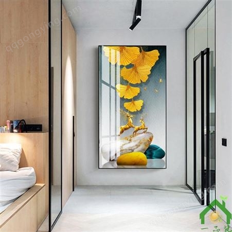 一品瓷 新中式石来运转麋 客厅装饰画 晶瓷画 