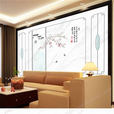 竹木纤维板背景墙 新中式家和富贵花鸟山水电视墙 一品瓷
