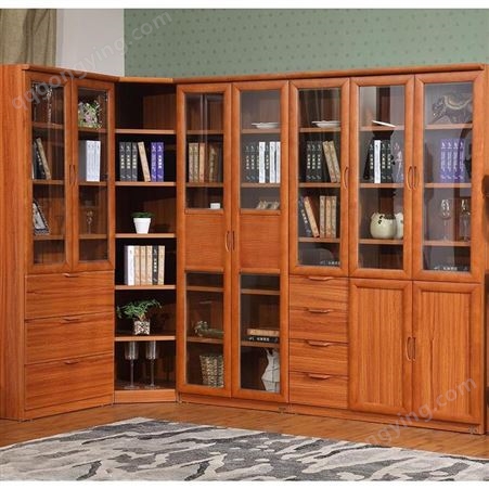 森雕新中式实木书柜带玻璃门自由组合书房整体组装储物柜大书橱置物架