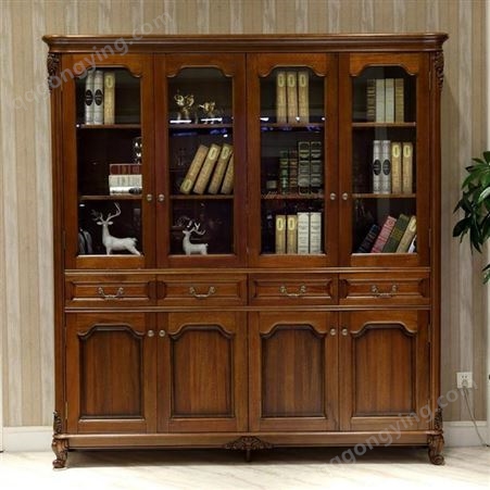 森雕新中式实木书柜带玻璃门自由组合书房整体组装储物柜大书橱置物架