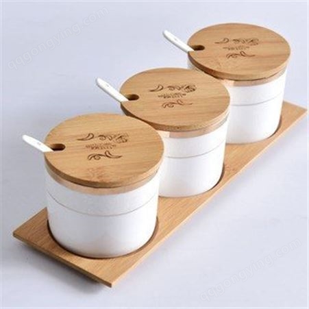 批发陶瓷调料罐套装 创意骨瓷木质盖带勺调料盒 家居厨房用品定制