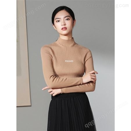 北京女装尾货批发 高领打底针织简约套头修身竖纹羊毛衫